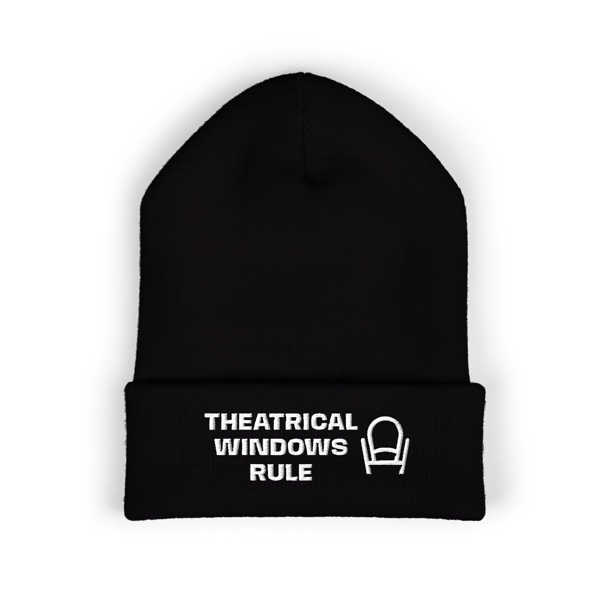Embroidered "Theatrical Windows Rule" Cuffed Beanie — Cozy Stage-Fan Knit Hat