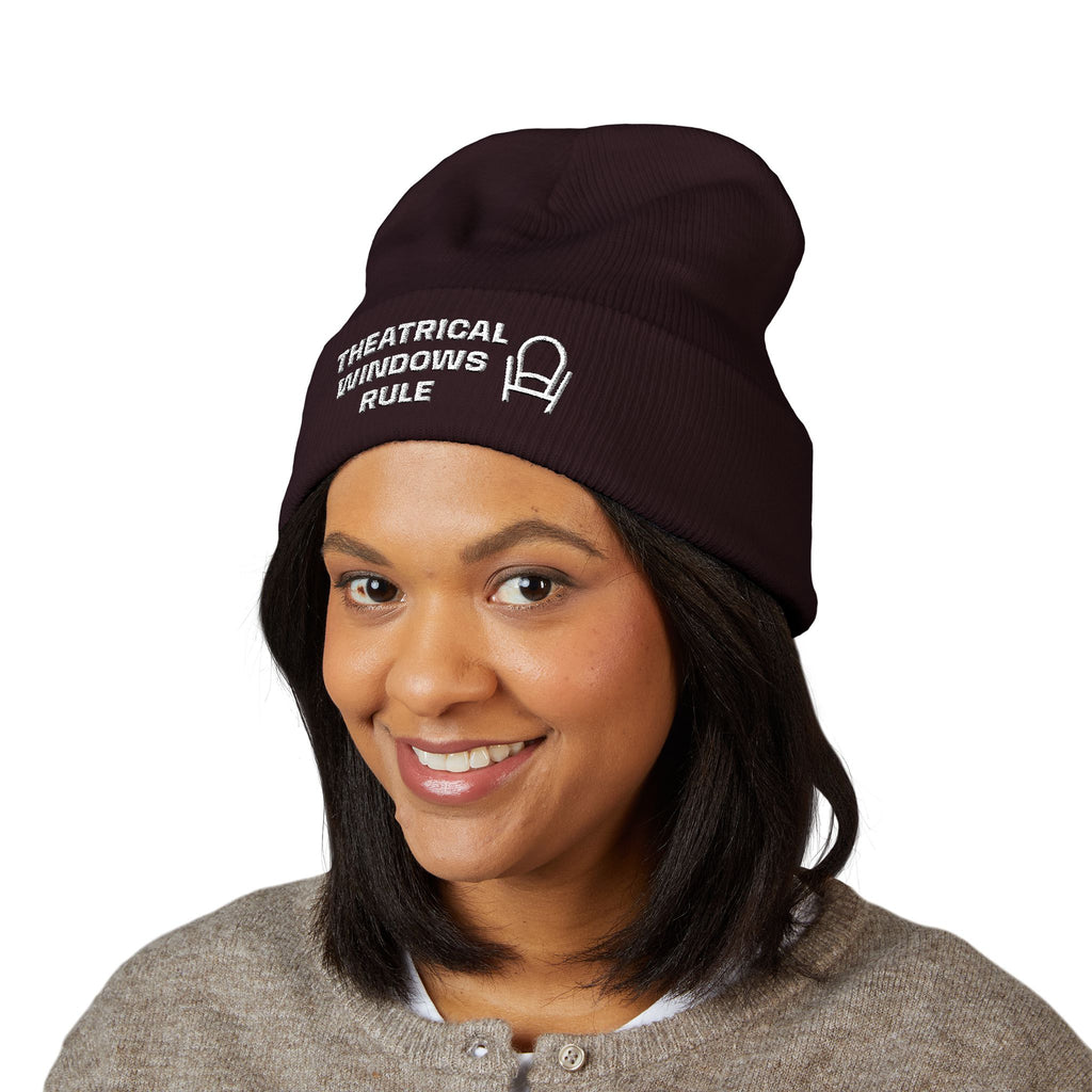 Embroidered "Theatrical Windows Rule" Cuffed Beanie — Cozy Stage-Fan Knit Hat