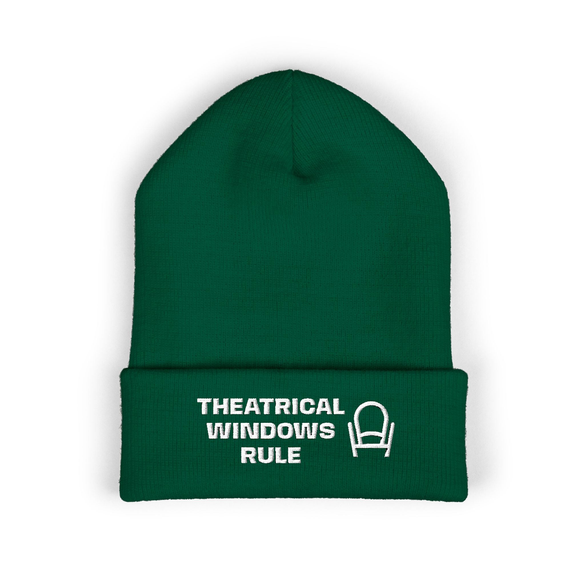 Embroidered "Theatrical Windows Rule" Cuffed Beanie — Cozy Stage-Fan Knit Hat