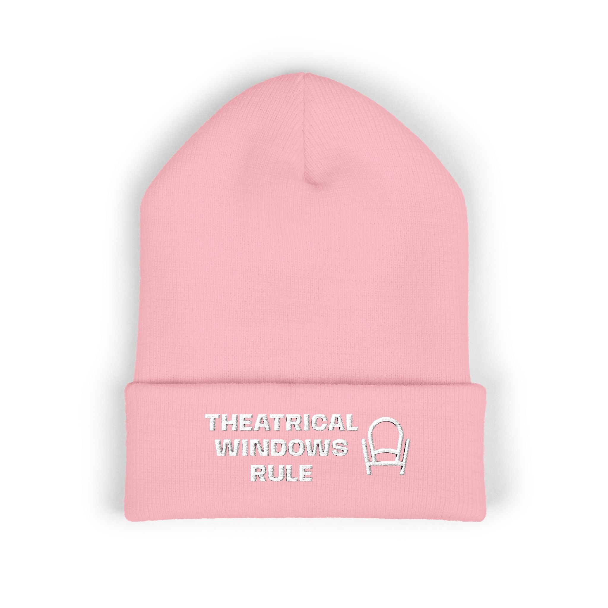 Embroidered "Theatrical Windows Rule" Cuffed Beanie — Cozy Stage-Fan Knit Hat