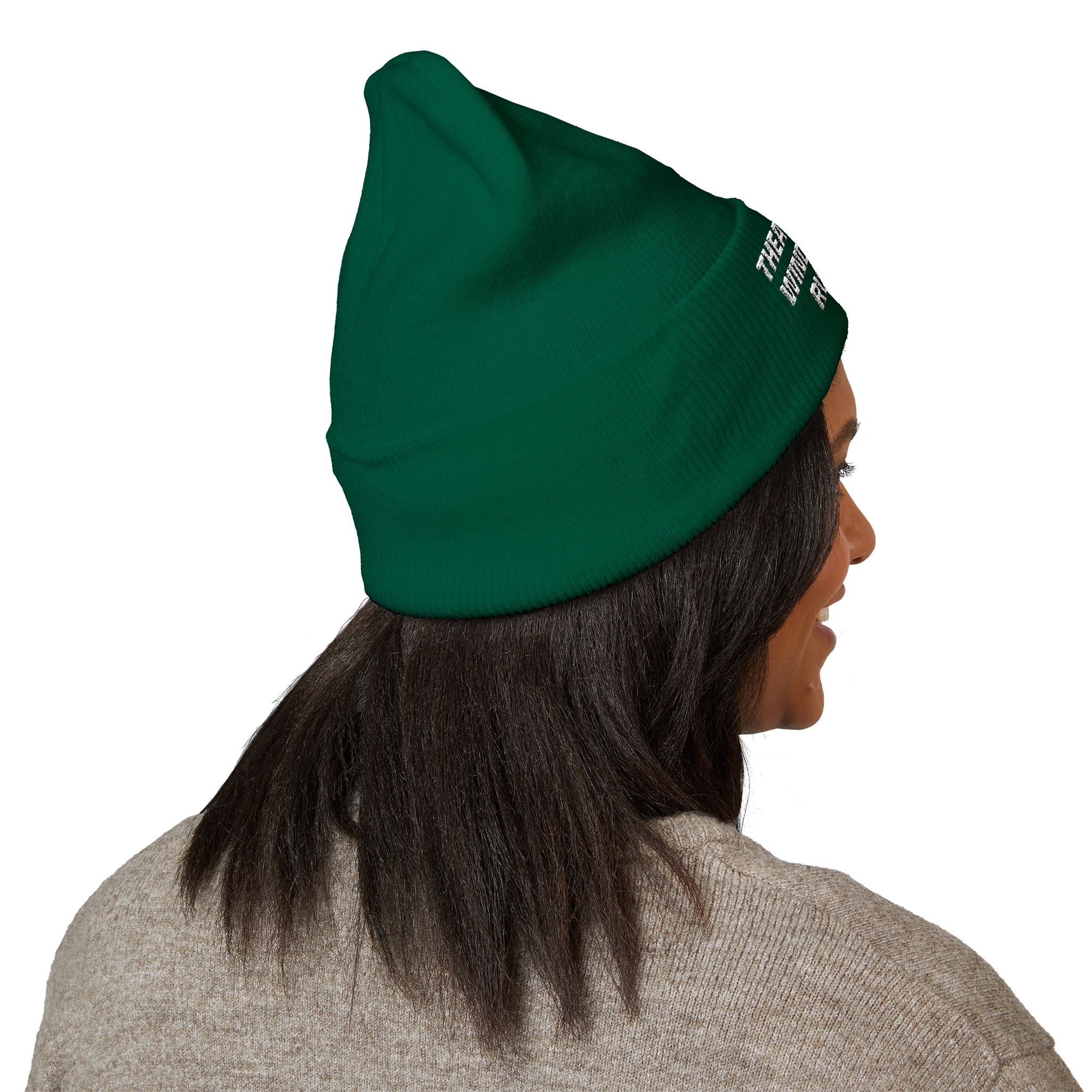 Embroidered "Theatrical Windows Rule" Cuffed Beanie — Cozy Stage-Fan Knit Hat