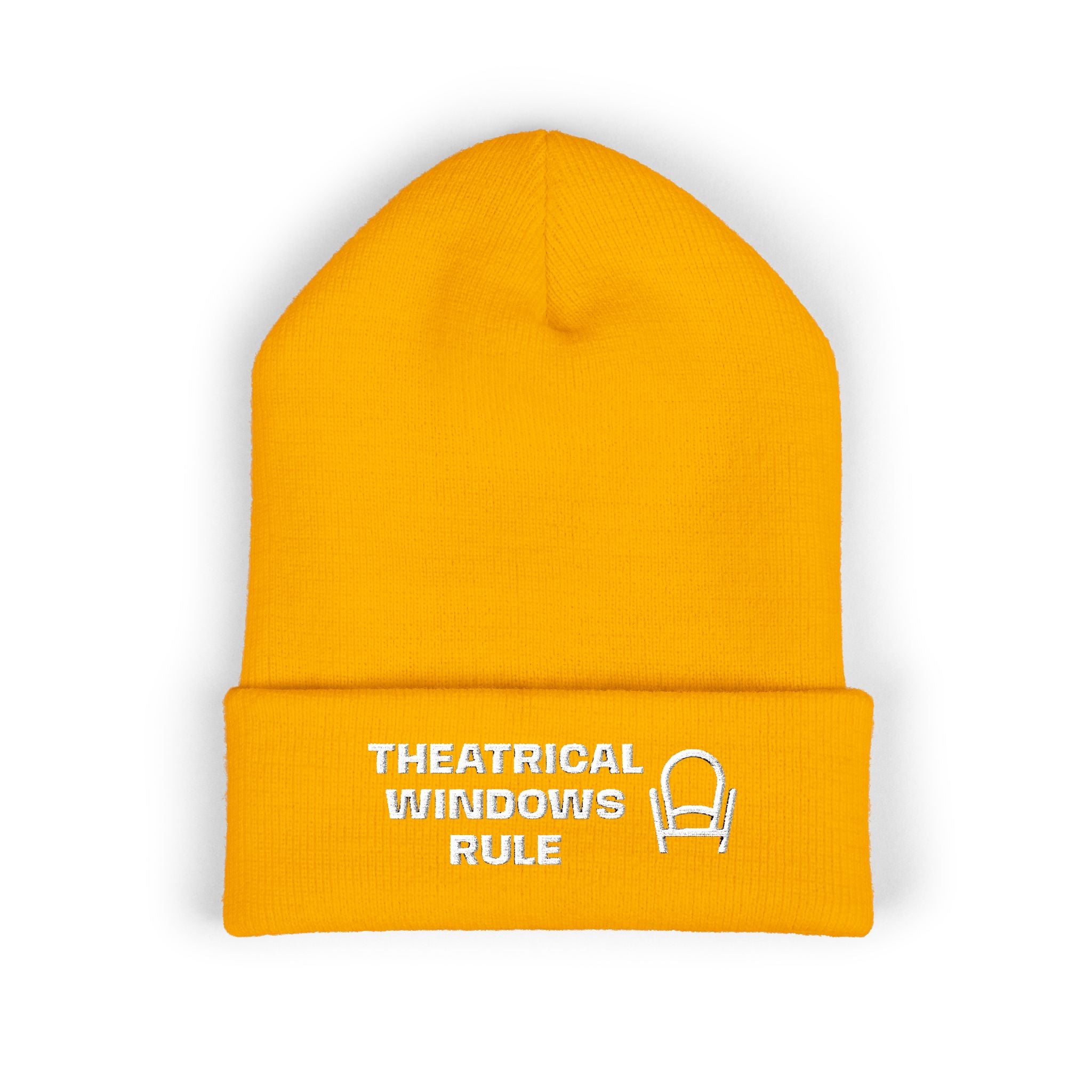 Embroidered "Theatrical Windows Rule" Cuffed Beanie — Cozy Stage-Fan Knit Hat