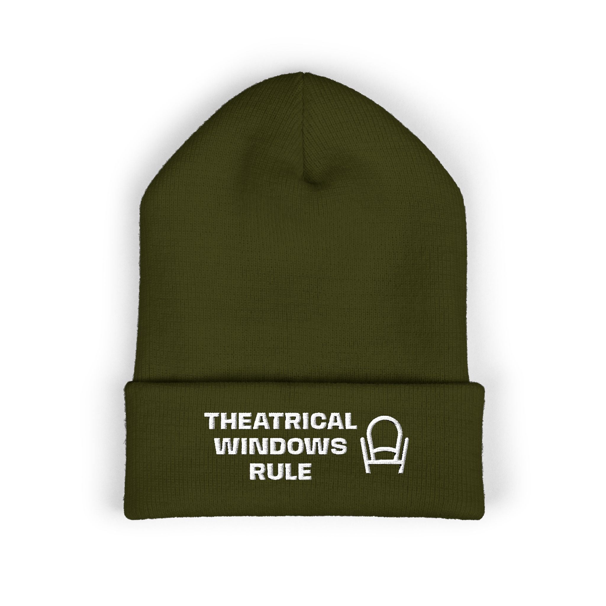 Embroidered "Theatrical Windows Rule" Cuffed Beanie — Cozy Stage-Fan Knit Hat