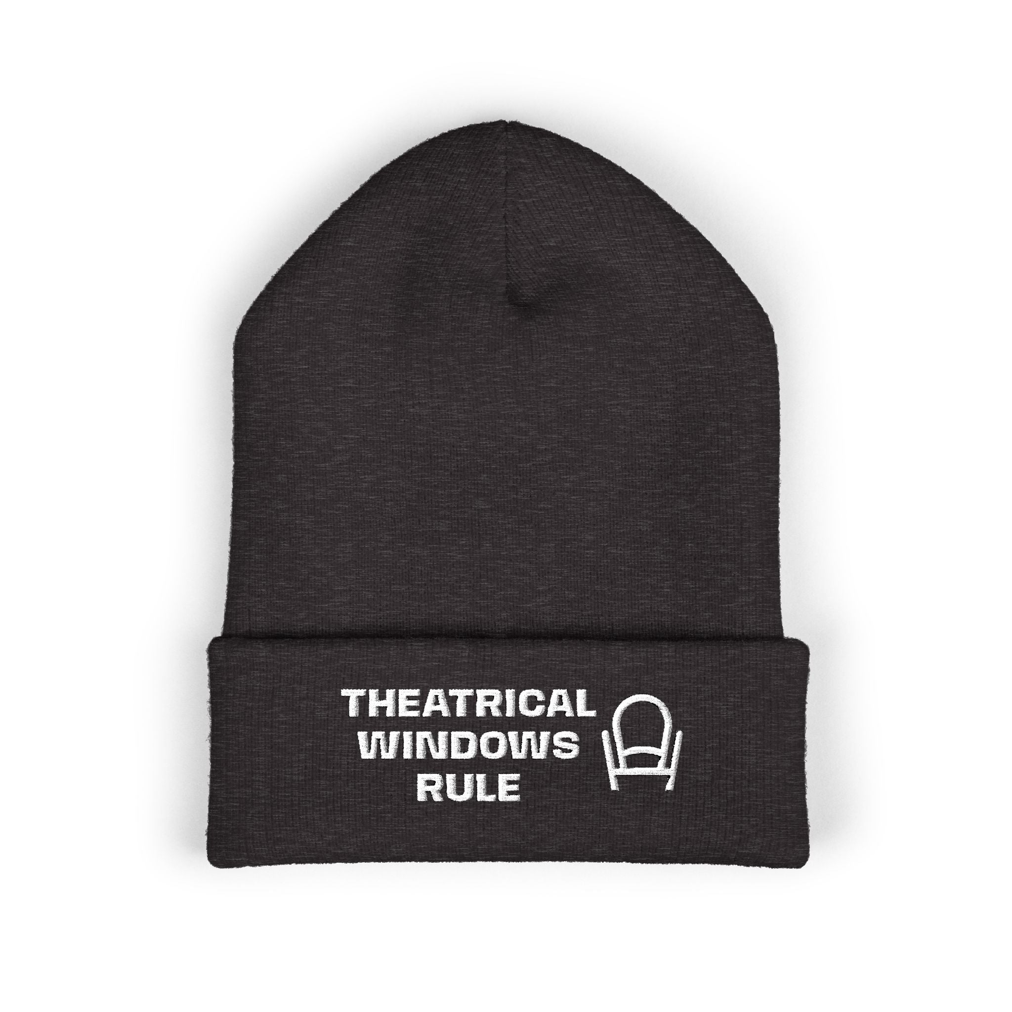 Embroidered "Theatrical Windows Rule" Cuffed Beanie — Cozy Stage-Fan Knit Hat