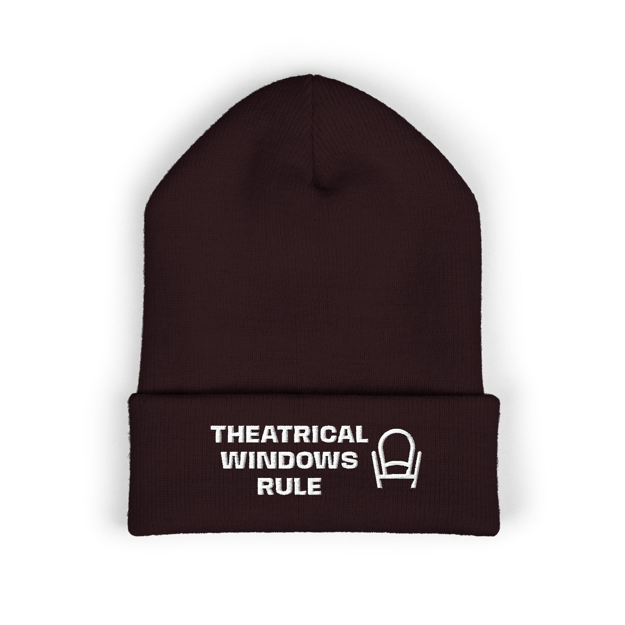 Embroidered "Theatrical Windows Rule" Cuffed Beanie — Cozy Stage-Fan Knit Hat
